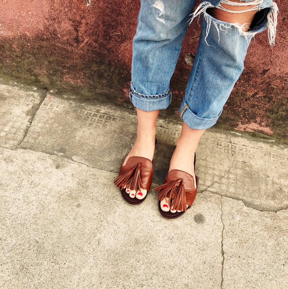 Teysha artisan made leather slides with tassels